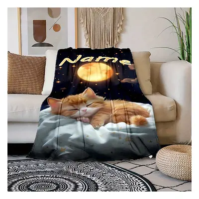 TEMU Custom Name Printed Cat Moon Blanket: Soft And Warm, Perfect For Naps, Camping, And Travel 