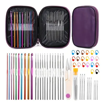 Crochet Hooks Set With Storage Bag, Ergonomic Metal Needles, Blunt Stitch Markers, Diy Hand Knit