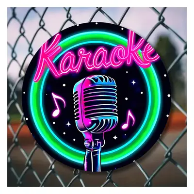 TEMU Vibrant Fun | "karaoke" Sign - 7.8" Round Aluminum Wall Art With Microphone & Stars, Vibran