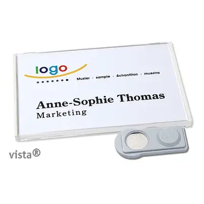 10 Stück Design Namensschilder mit Magnet oder Anstecknadel und Text plus Logo