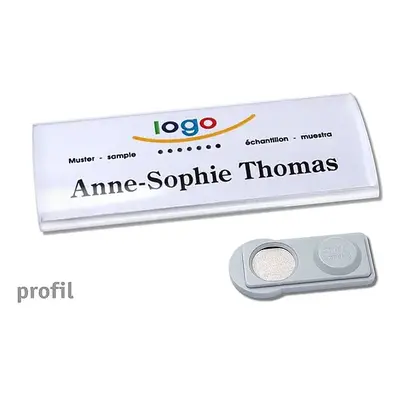 10 Stück Design Namensschilder mit Magnet oder Anstecknadel und Text plus Logo