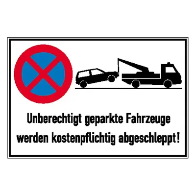 Haltverbotsschild »Symbol: Absolutes Haltverbot, Text: Unberechtigt geparkte Fahrzeuge werden