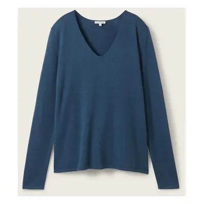 TOM TAILOR Damen Pullover mit V-Ausschnitt, blau, Uni