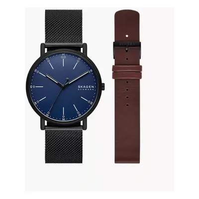 Skagen Set Uhr Signatur 3-Zeiger-Werk Band Milanaise Edelstahl schwarz