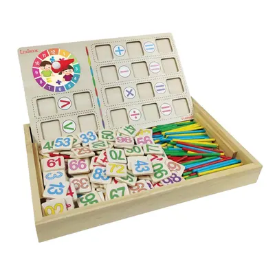 Holzkiste zum Lernen von Mathematik und Operationen mit Schiefertafel, Kreiden, Löschkissen und 