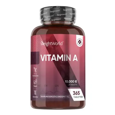 Vitamin A Tabletten - 365 Tabletten à 10.000 IE - 1 Jahresvorrat - Vegan Friendly - WeightWorld