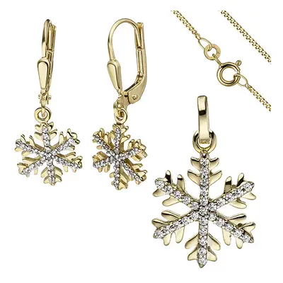 SIGO Schmuck-Set Schneeflocke 333 Gold Gelbgold mit Zirkonia Ohrringe und Kette 45 cm