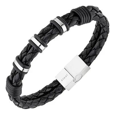 SIGO Herren Armband 2-reihig Leder schwarz mit Edelstahl 21 cm Herrenarmband