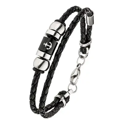 SIGO Armband Anker 2-reihig Leder geflochten mit Edelstahl 21 cm