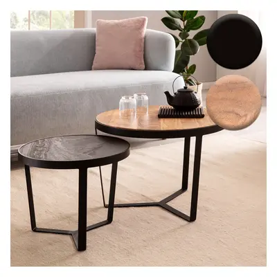 FineBuy Couchtisch 2er Set Akazie Massivholz / Steinoptik Wohnzimmertisch Rund, Satztisch mit Me