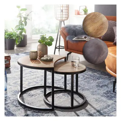 FineBuy Couchtisch 2er Set Mango Massivholz / Metall Wohnzimmertisch Rund, Industrial Beistellti