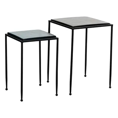 FineBuy Beistelltisch 2er Set Blau Schwarz Design Satztisch Glas Metall Eckig, Wohnzimmertisch M