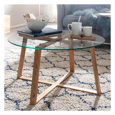 FineBuy Couchtisch Eiche Massivholz / Glas Sofatisch Rund Wohnzimmertisch, Design Stubentisch Mo