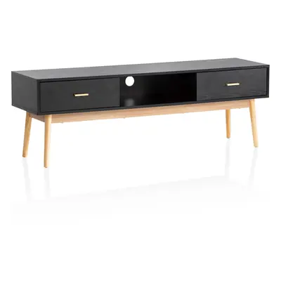 FineBuy Lowboard Schwarz mit Eiche-Dekor 150x50x40 cm TV-Kommode Modern, Design TV-Schrank Hoch,