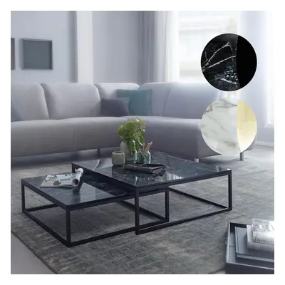 FineBuy Design Couchtisch 2er Set Marmor Optik Eckig, Couchtische 2-teilig Tischgestell Metall, 