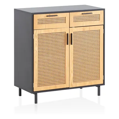 FineBuy Sideboard 80x86,5x40 cm Kommode Schwarz mit Wiener Geflecht, Hoher Kommodenschrank Zeitl