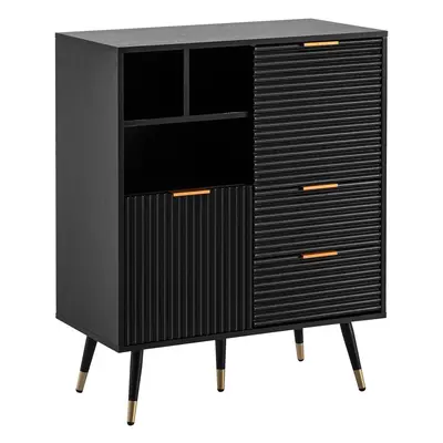 FineBuy Sideboard 77x97x40 cm Anrichte Schwarz mit Eiche-Dekor, Kommode mit Türen und Schubladen