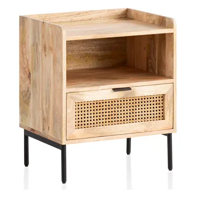 FineBuy Nachtkonsole Mango Massivholz / Rattan 50x60x40 cm Nachttisch Braun, Nachtkommode Boxspr