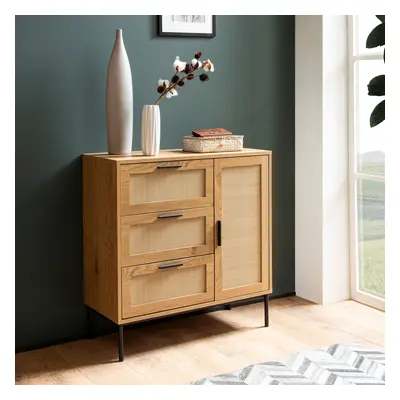 FineBuy Kommode 80x82x36 cm Flurkommode Eiche-Dekor & Rattan, Sideboard mit drei Schubladen und 