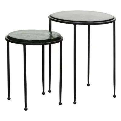 FineBuy Beistelltisch 2er Set Grün Schwarz Design Satztisch Glas Metall Rund, Wohnzimmertisch Mo