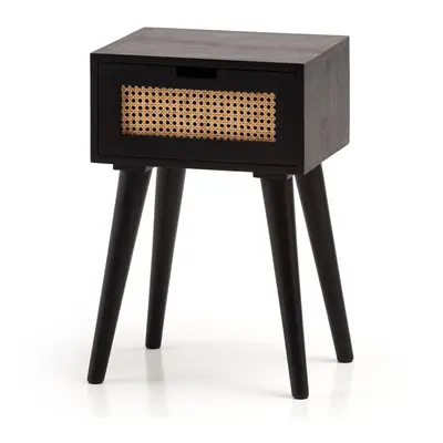 FineBuy Nachtkonsole Mango Massivholz / Rattan 40x60x30 cm Nachttisch Schwarz, Nachtkommode Boxs