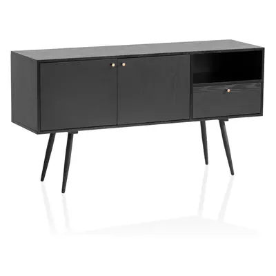 FineBuy Sideboard 140x75x40 cm Kommode Schwarz mit Eiche-Dekor Zeitlos, Hoher Kommodenschrank, S