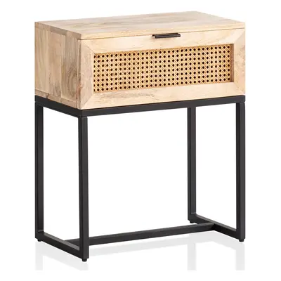 FineBuy Nachtkonsole Mango Massivholz / Rattan 50x60x30 cm Nachttisch Braun, Nachtkommode Boxspr