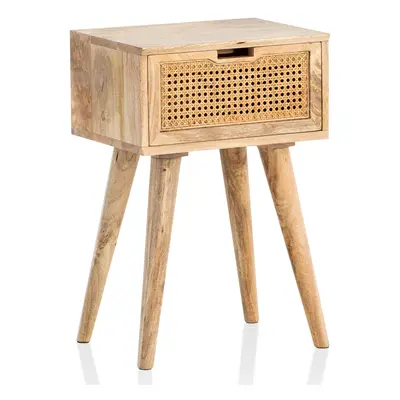 FineBuy Nachtkonsole Mango Massivholz / Rattan 40x60x30 cm Nachttisch Braun, Nachtkommode Boxspr