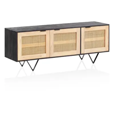 FineBuy Lowboard Schwarz Mango Massivholz / Rattan 145x55x40 cm, TV-Kommode Modern mit Türen, TV