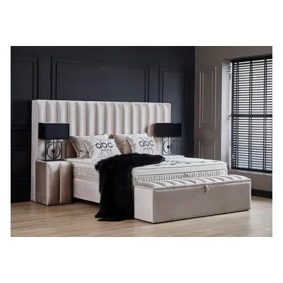 Boxspringbett Oscar inklusive Matratzen Topper & Bettkasten Beige Luxus-Mikrofaser