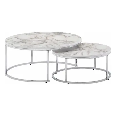 Couchtisch 2er Set Weiß Silber Marmor Optik Sofatisch Rund Modern