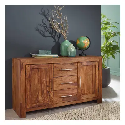 Sideboard Massivholz Sheesham Kommode 118 cm 3 Schubladen 2 Türen Design Highboard Landhaus-Stil