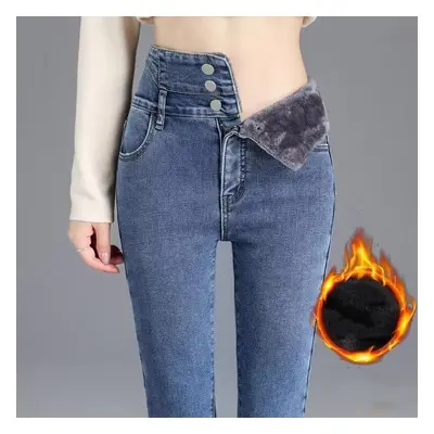 Verdickte Jeans für Frauen Winter hoch taillierte schlanke enge Hosen Denim-Hosen weibliche Mode