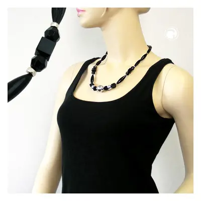 Kette 18mm Perle Kunststoff chrom matt Rillenolive schwarz 55cm