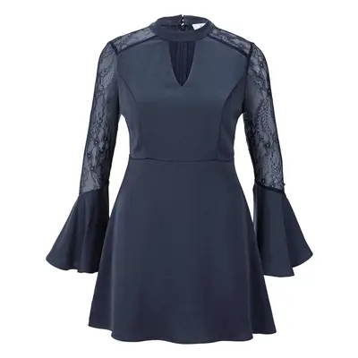 Ausgefallene Bluse Damen elegant dunkel blau mit Stehkragen Langarm HEINE