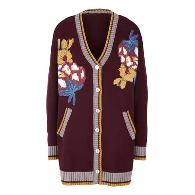 Damen Strickjacke lang Cardigan 48 langarm dunkel rot mit Blumen Knopf