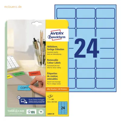 Avery Zweckform Etiketten Inkjet/Laser/Kopier 63,5x33,9mm blau VE=480