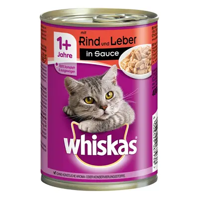 Whiskas 1+ Terrine in Sauce 400 Gramm Katzennassfutter 24 x 400 Gramm Rind und Leber