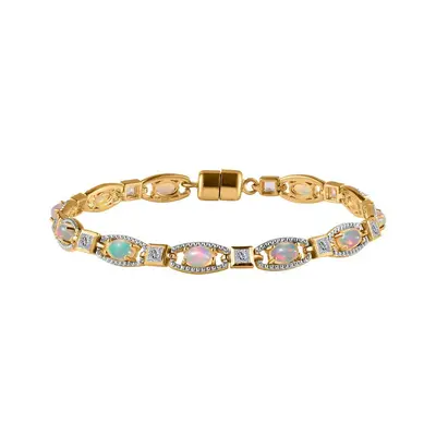 AA Natürlicher äthiopischer Welo Opal Weißer Topas Armband ca. 20 cm 925 Silber Gelbgold Vermeil