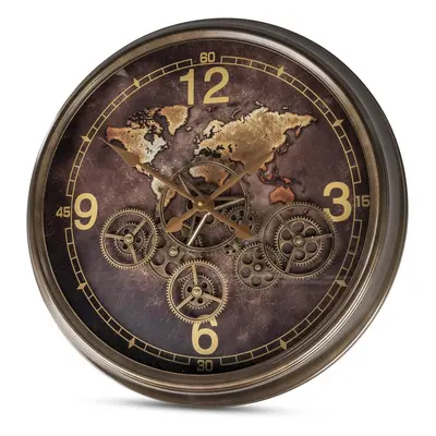 Wanduhr Weltkarte 62 cm x 62 cm x 8 cm aus Metall mit goldenen Zahnrädern