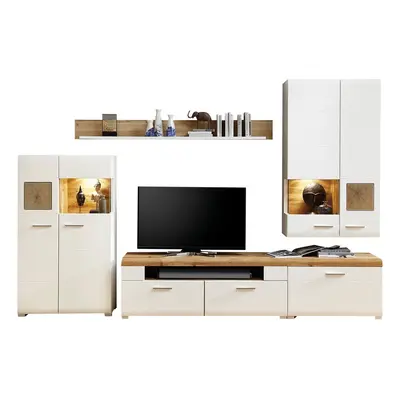 Wohnwand weiß - Eiche - cm - LED-Beleuchtung - FUN PLUS