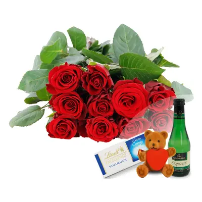 10, 15 oder 20 rote Edelrosen mit Herzteddy, Lindt-Schokolade & Perlwein