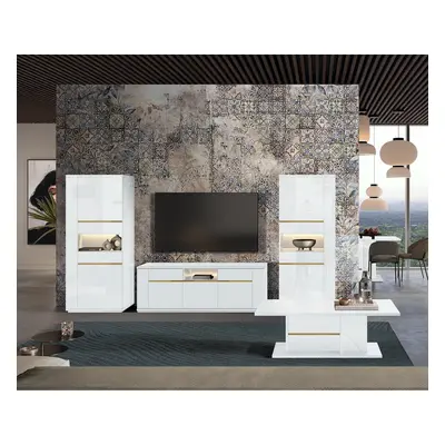 Wohnwand Pegaso 4-Teilig in Weiß/Gold Hochglanz