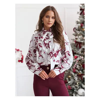 Blumenbluse mit Schleife Laterne langen Ärmeln einfarbig Frühlingshemd für Frauen