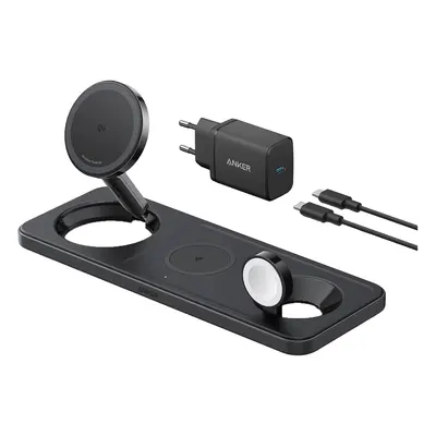 Anker MagGo (3-in1-Pad) schwarz | Ladestation | kompatibel mit Apple | Kabelloses Aufladen | 15 