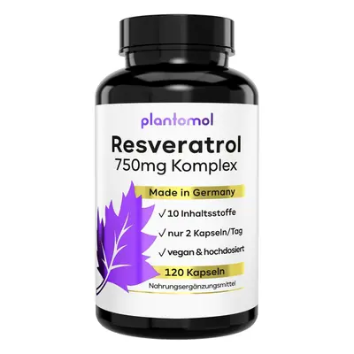 Plantomol® Resveratrol - 750mg Trans-Resveratrol Hyaluron Silizium Haut Haare Nägel Kapseln 120 