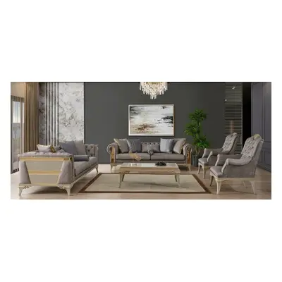 Sofagarnitur Chesterfield Dreisitzer Sessel Grau Stoff Luxus 4tlg Set