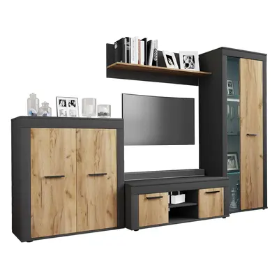 4-tlg. VCM Wohnwand Usilo L - Anthrazit/Honig-Eiche