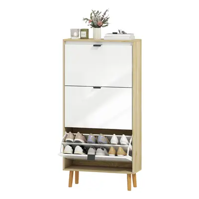 HOMCOM Schuhschrank 18 Paare, Hochglanzfront, schmaler Schuhschrank mit 3 klappbaren Schubladen 