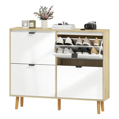 HOMCOM Schuhschrank Schmal mit 4 Türen in Glänzendem Weiß, Schuhschrank Eingangsbereich mit Vers